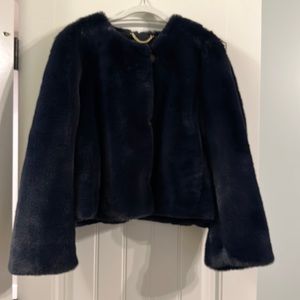 Worn once! J.Crew Navy Blue faux fur jacket. Size XXL